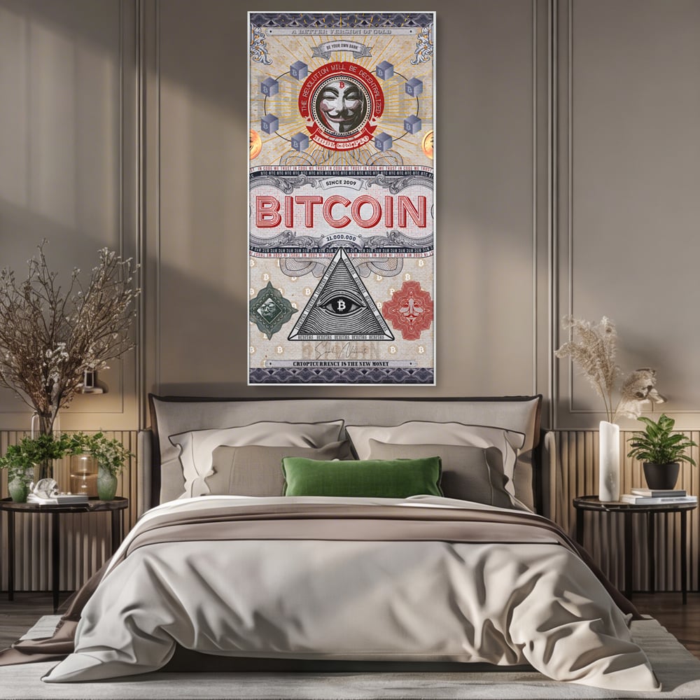 Tablou canvas cu ilustratie digitala cu tema bitcoin si criptomonede, in rama de aluminiu argintiu, pe perete intr-un dormitor